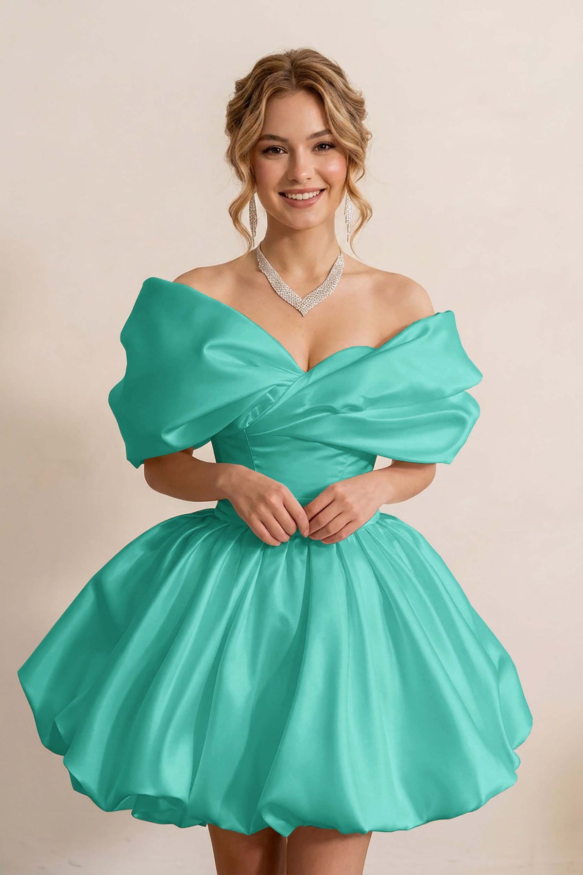 Ivory Off-the-Shoulder Bubble Hem Satin Homecoming Dresses