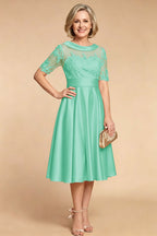 Champagne Imitation Stretch Satin Elbow Sleeve Tea-Length Mother Dresses