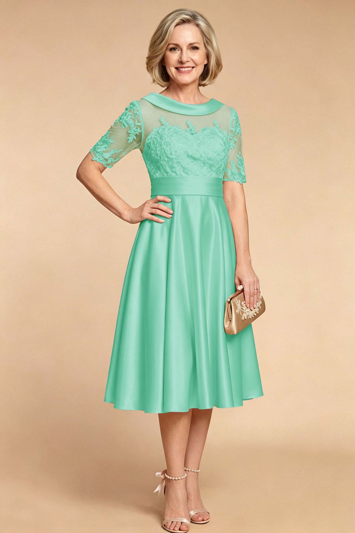 Champagne Imitation Stretch Satin Elbow Sleeve Tea-Length Mother Dresses