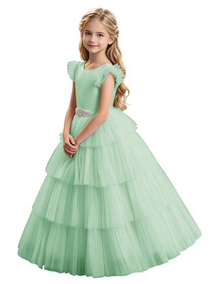 Sky Blue Tiered Tulle Flower Girl Dress with Rhinestone Belt & V-Back