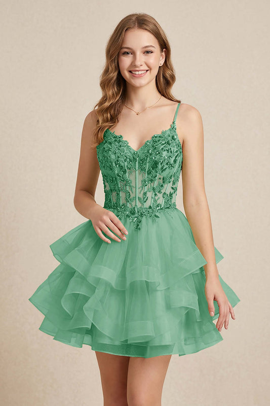 Mint Green Sequin Corset Tiered Tulle Mini Homecoming Dresses