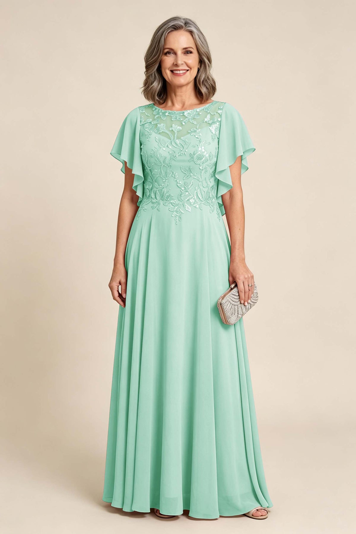 Lilac Scoop Neck Flutter Sleeve Lace Appliques Chiffon Mother Dresses