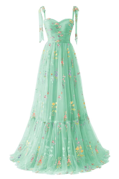 Black Floral Embroidery Tulle Flower Girl Dress with Tie Straps