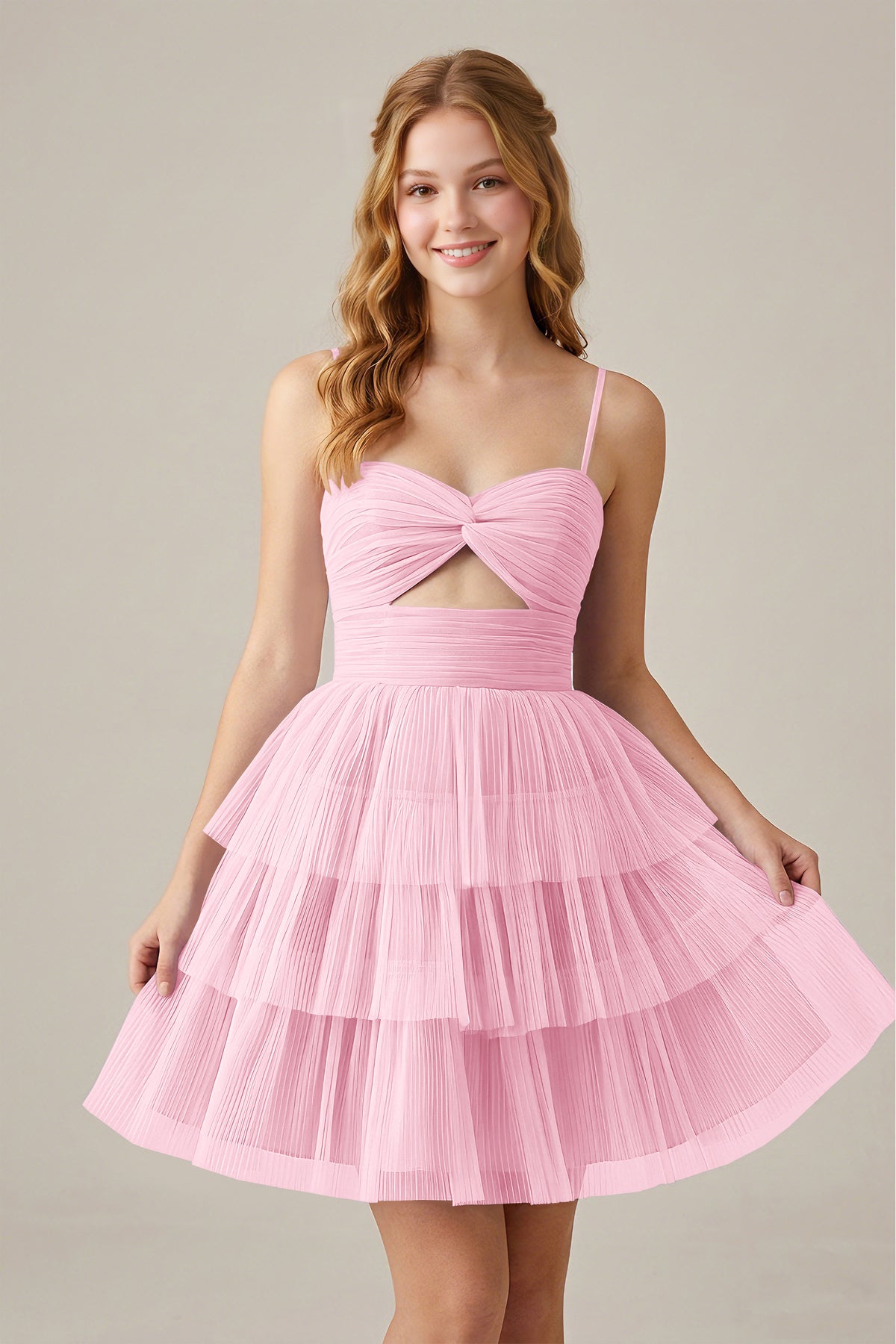 Olive Green Sleeveless Pleated Tulle Cutout Tiered Homecoming Dresses