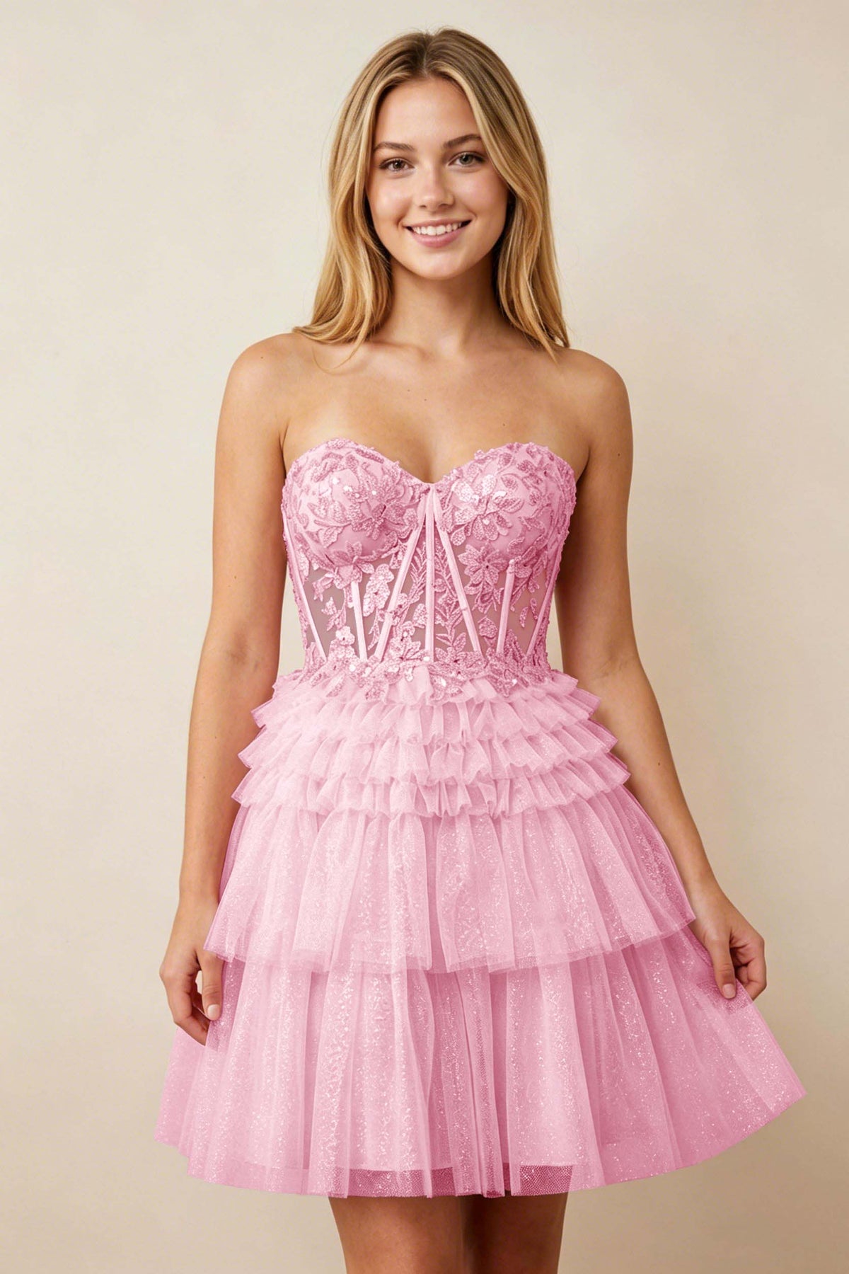 Strapless Misty Rose Lace Illusion Corset Glitter Tulle Homecoming Dresses
