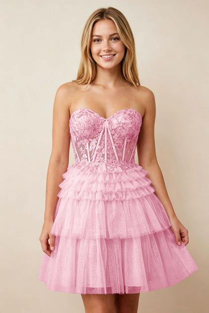 Strapless Misty Rose Lace Illusion Corset Glitter Tulle Homecoming Dresses