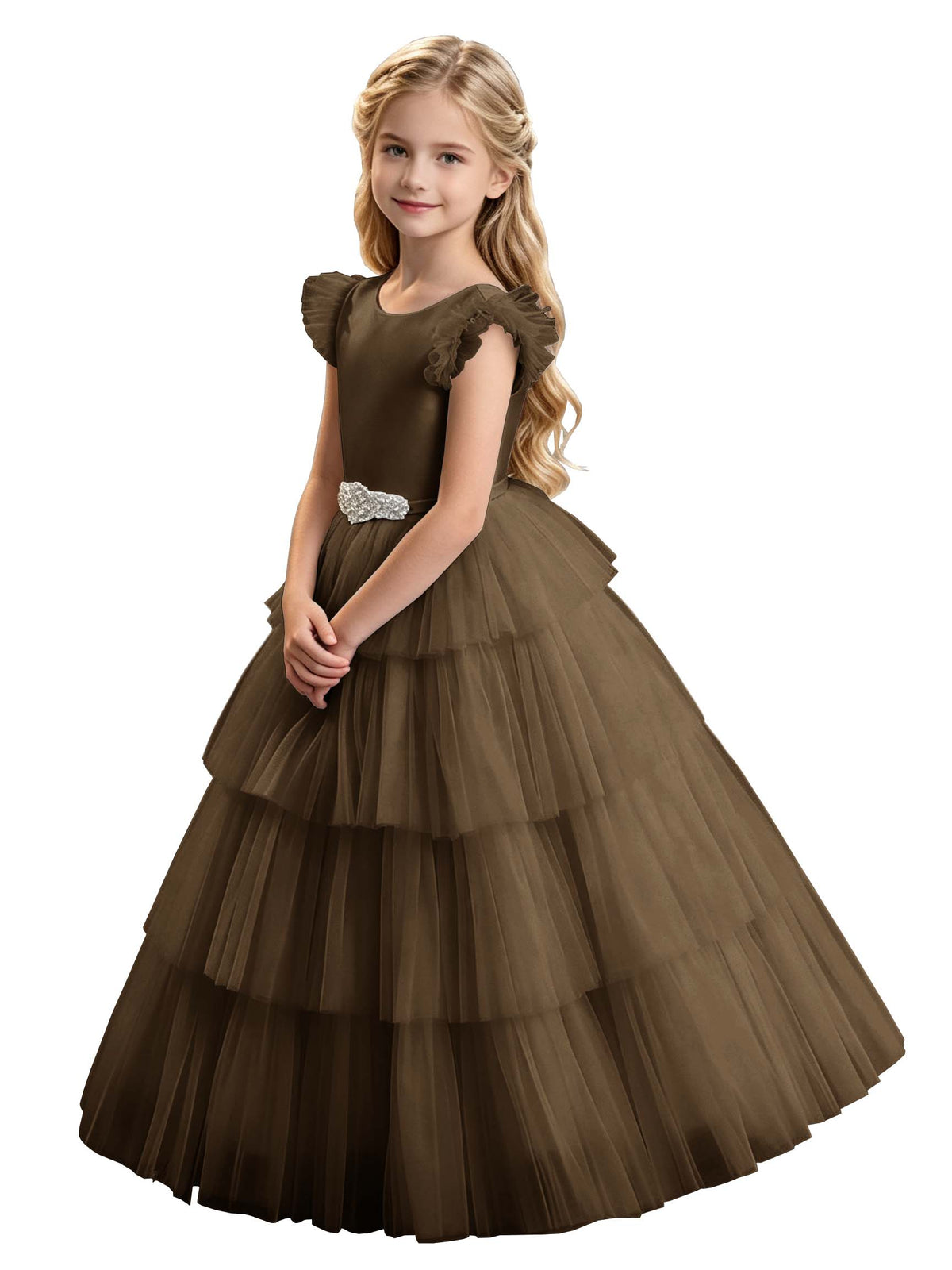Sky Blue Tiered Tulle Flower Girl Dress with Rhinestone Belt & V-Back