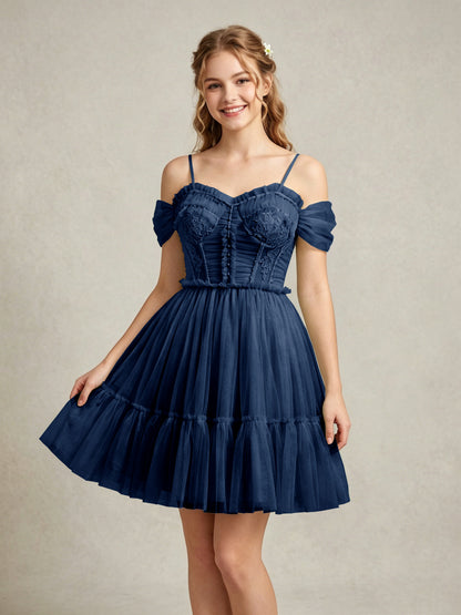 Cold Shoulder Lilac Tulle Dresses with Corset Bodice and Lace Appliques