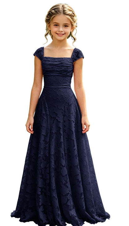 Elegance Blush Pink Lace Cap Sleeve A-Line Flower Girl Dress with Lace-Up Back