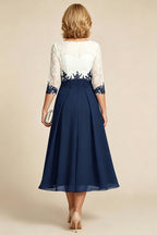 Navy Blue 3/4 Sleeve Two-Tone Lace Chiffon Mother Dresses