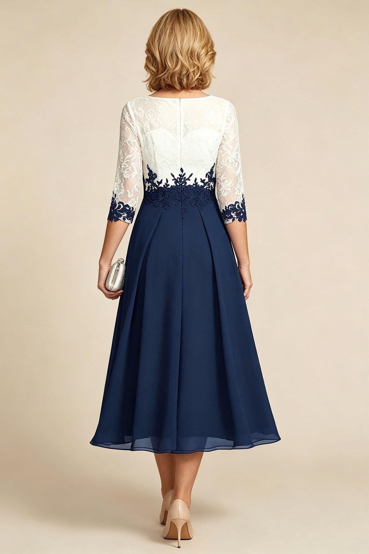 Navy Blue 3/4 Sleeve Two-Tone Lace Chiffon Mother Dresses
