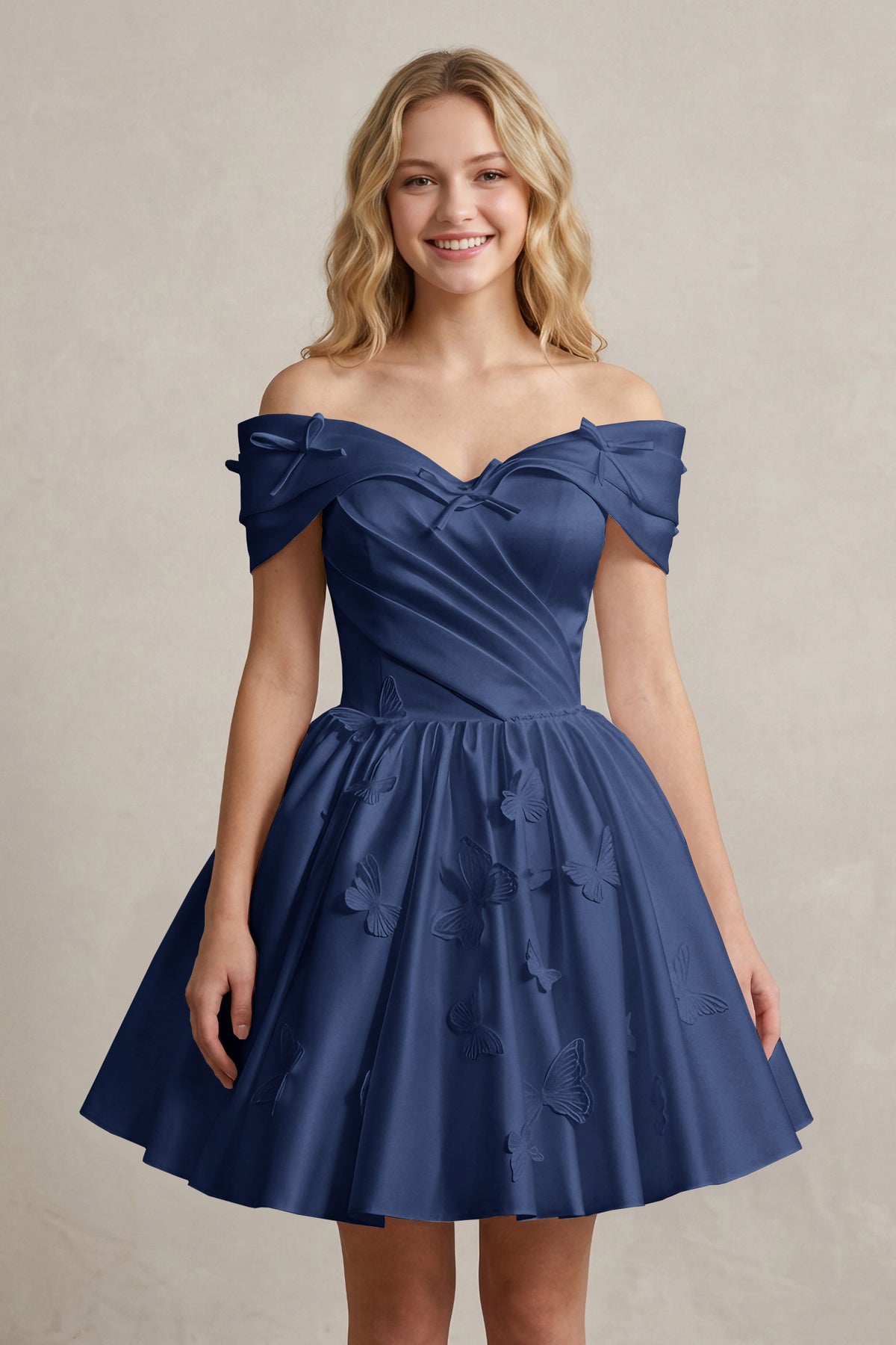 A Line Off Shoulder Ivory Satin Short Homecoming Dresses