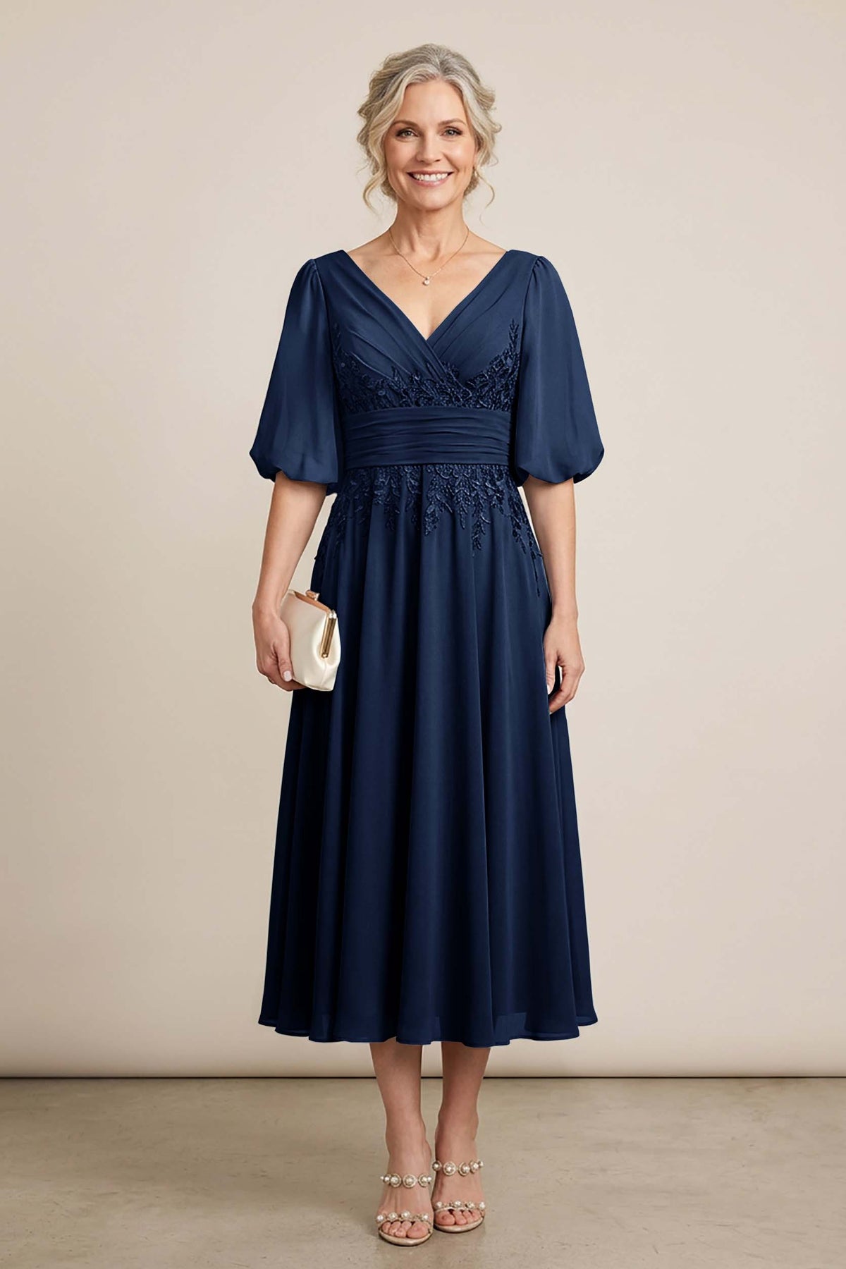 Dusty Blue V-Neck Lace Chiffon Tea-Length Mother Dresses