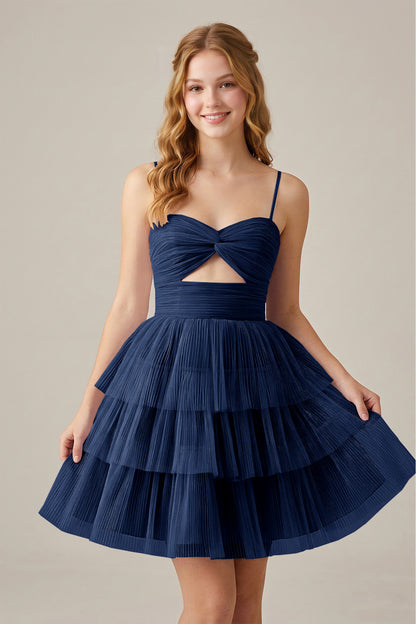 Olive Green Sleeveless Pleated Tulle Cutout Tiered Homecoming Dresses