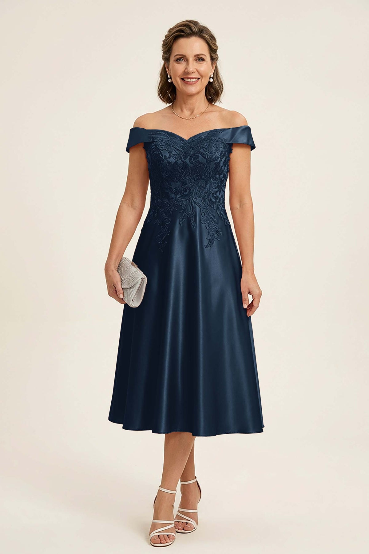 Peach Pink Off Shoulder Imitation Stretch Satin Tea-Length Mother Dresses