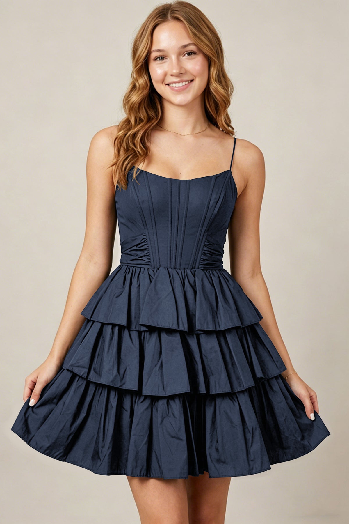Spaghetti Straps Black Taffeta Tiered Mini Homecoming Dresses