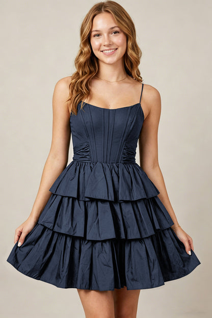 Spaghetti Straps Black Taffeta Tiered Mini Homecoming Dresses