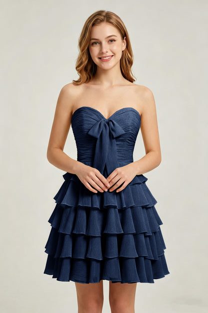 Strapless Yellow Chiffon Tiered Short Homecoming Dresses with Bow