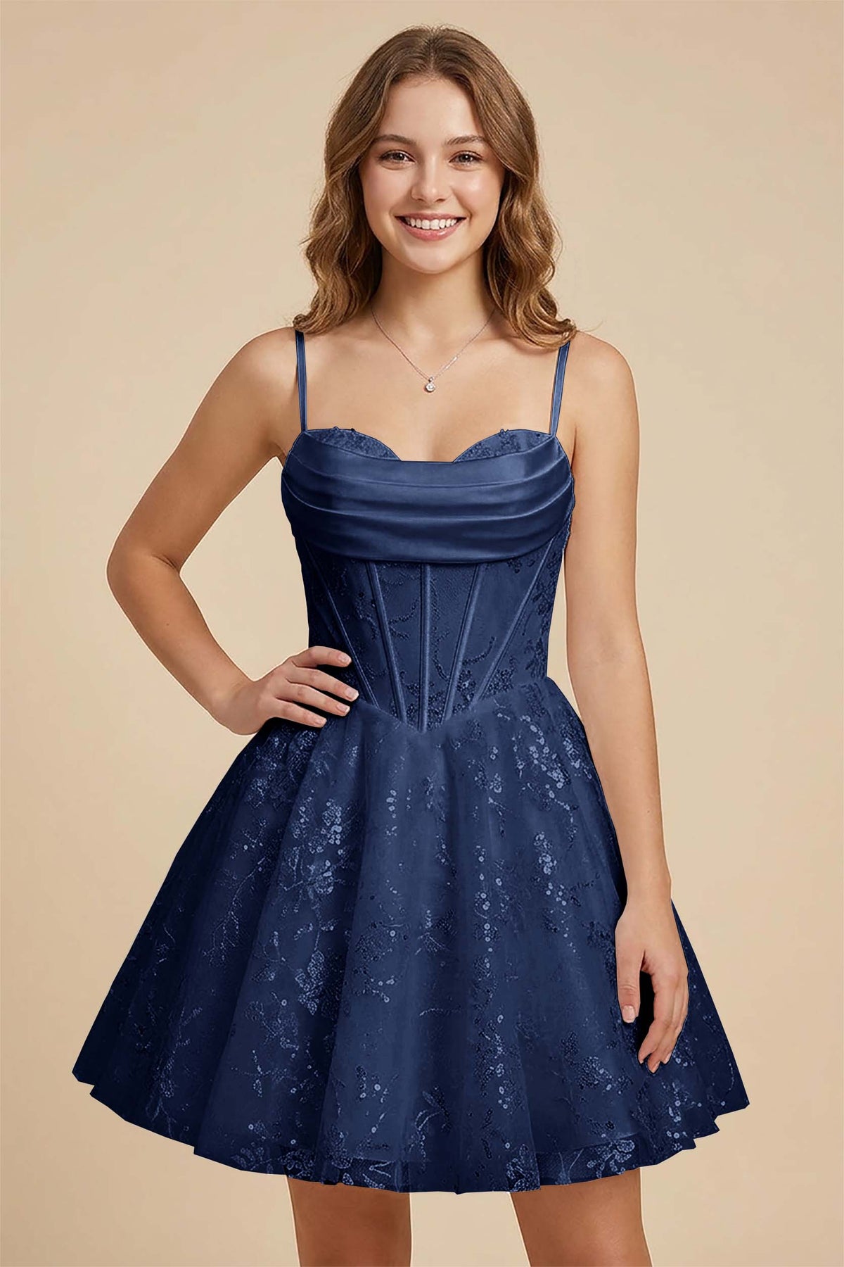 White Cowl Neck Sequin Satin Corset Homecoming Dresses