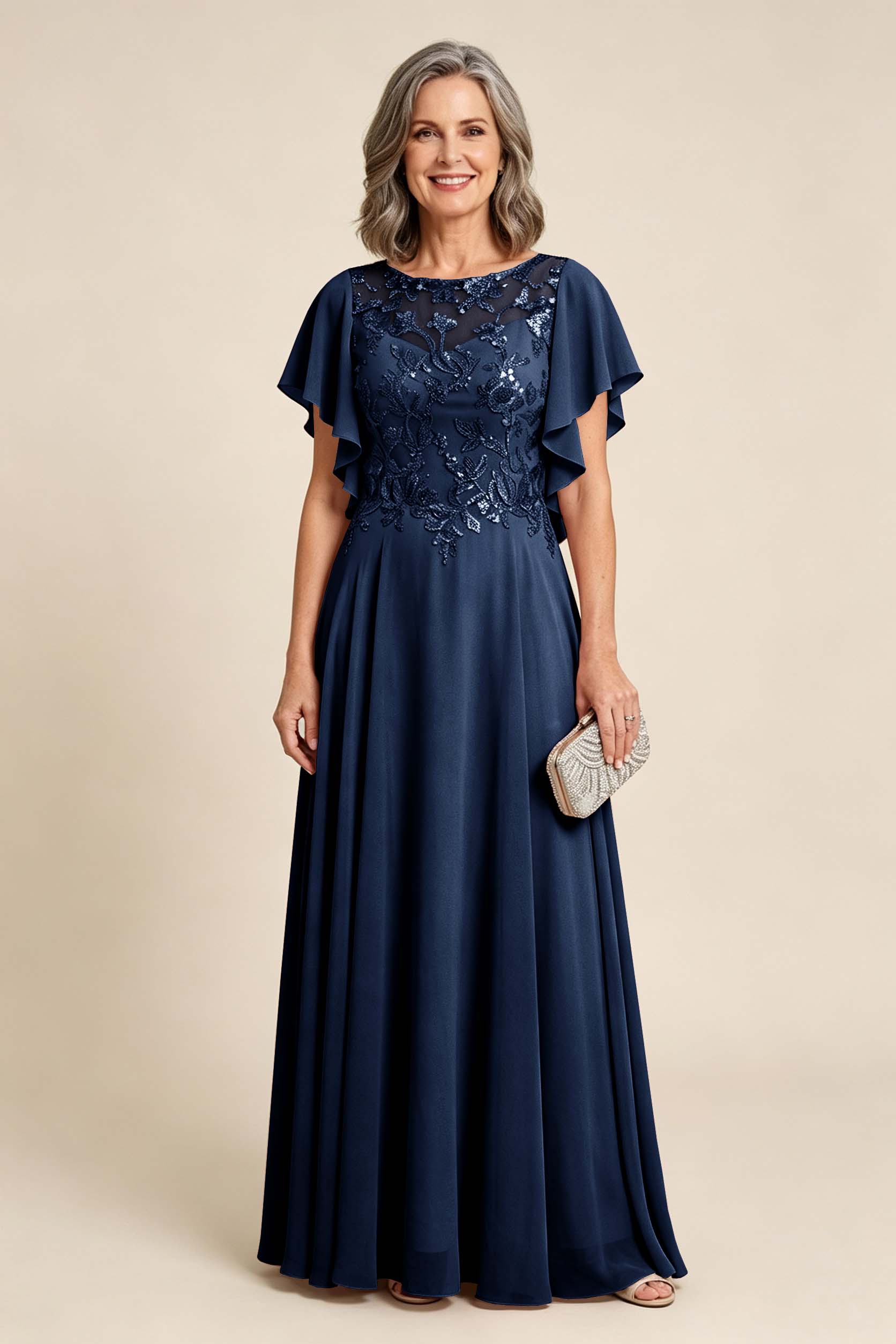 Lilac Scoop Neck Flutter Sleeve Lace Appliques Chiffon Mother Dresses