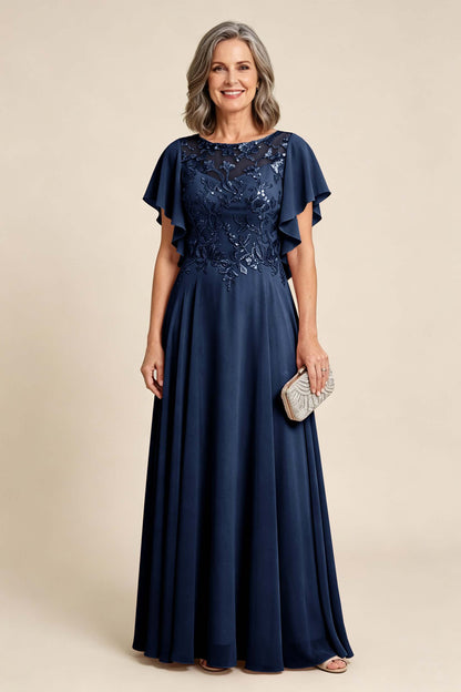 Lilac Scoop Neck Flutter Sleeve Lace Appliques Chiffon Mother Dresses