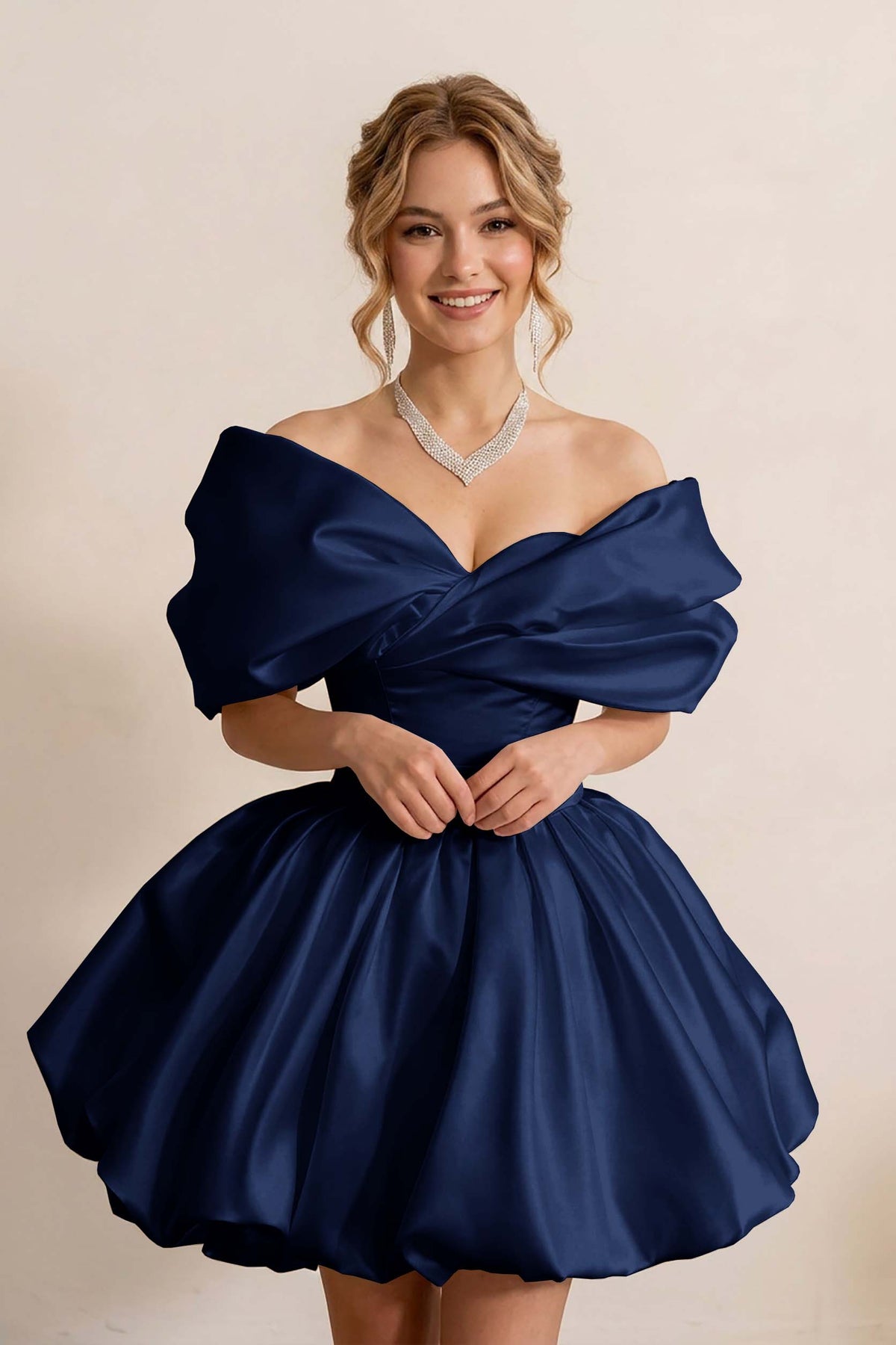 Ivory Off-the-Shoulder Bubble Hem Satin Homecoming Dresses
