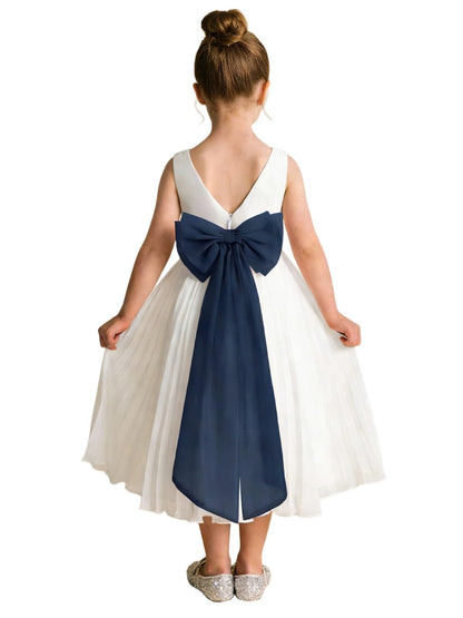 Elegant A-Line Pleated Chiffon Flower Girl Dress with Big Bow Sash