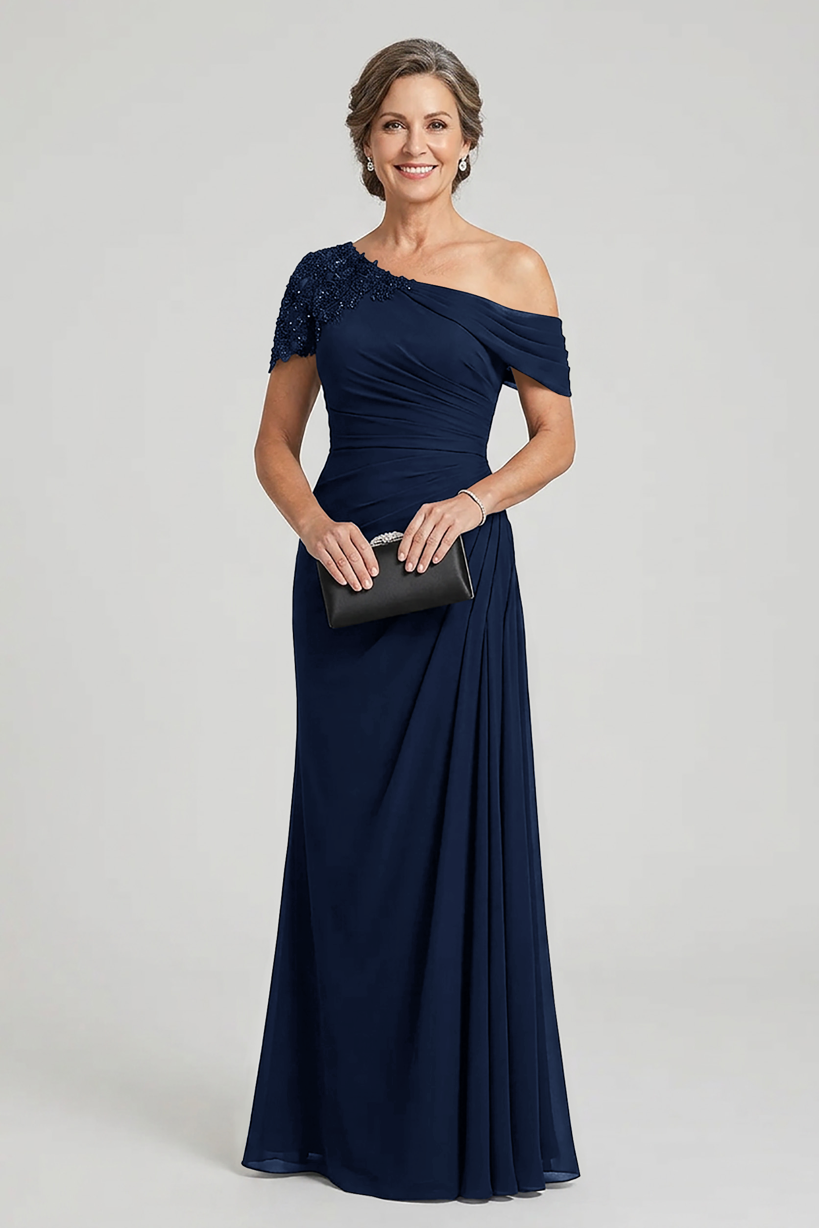 Black One-Shoulder Beaded Ruched Chiffon Mother Dresses