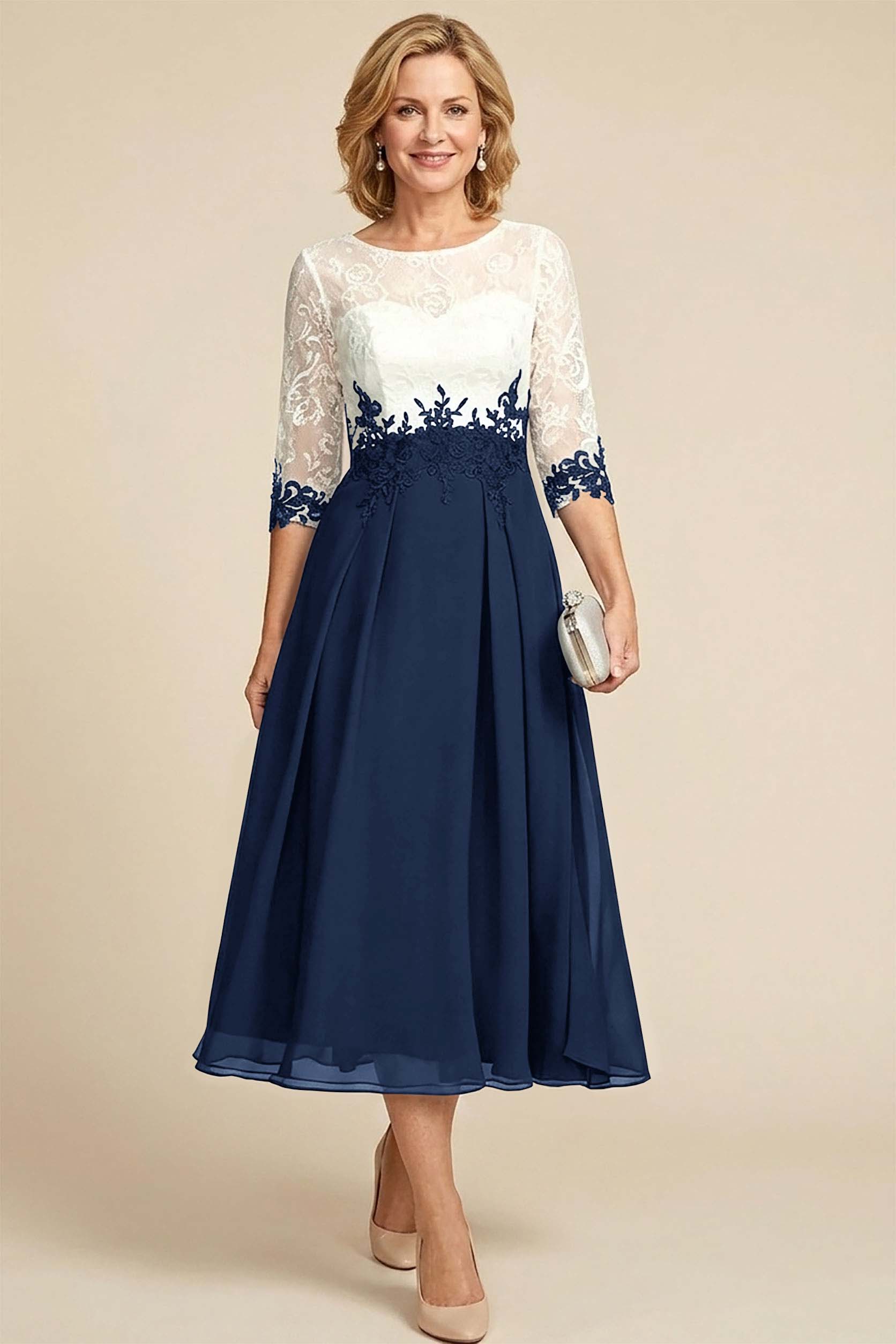Navy Blue 3/4 Sleeve Two-Tone Lace Chiffon Mother Dresses