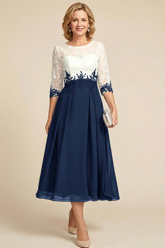 Navy Blue 3/4 Sleeve Two-Tone Lace Chiffon Mother Dresses