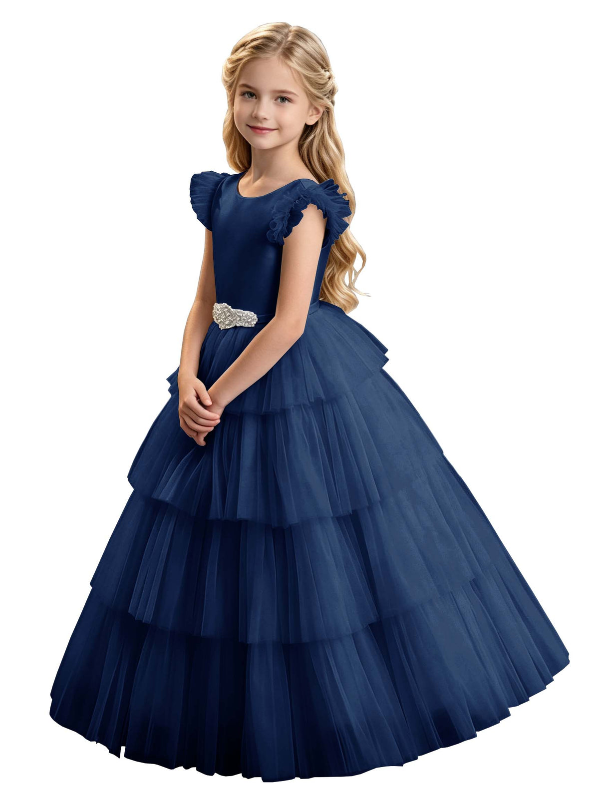 Sky Blue Tiered Tulle Flower Girl Dress with Rhinestone Belt & V-Back