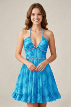 Crystal Halter Neck Blush Pink Floral Chiffon Mini Homecoming Dresses