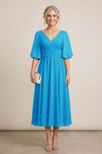 Dusty Blue V-Neck Lace Chiffon Tea-Length Mother Dresses