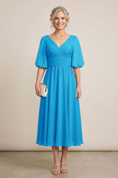 Dusty Blue V-Neck Lace Chiffon Tea-Length Mother Dresses