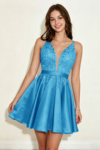 Lavender Spaghetti Straps Stretch Satin Homecoming Dresses with Appliques
