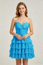 Strapless Yellow Chiffon Tiered Short Homecoming Dresses with Bow