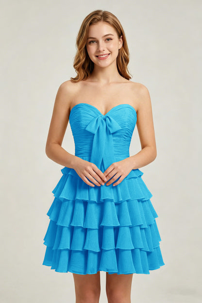 Strapless Yellow Chiffon Tiered Short Homecoming Dresses with Bow