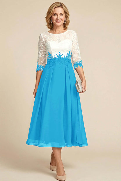 Navy Blue 3/4 Sleeve Two-Tone Lace Chiffon Mother Dresses