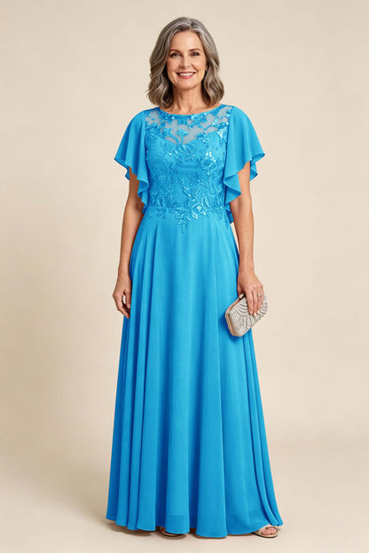 Lilac Scoop Neck Flutter Sleeve Lace Appliques Chiffon Mother Dresses