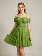 Cold Shoulder Lilac Tulle Dresses with Corset Bodice and Lace Appliques