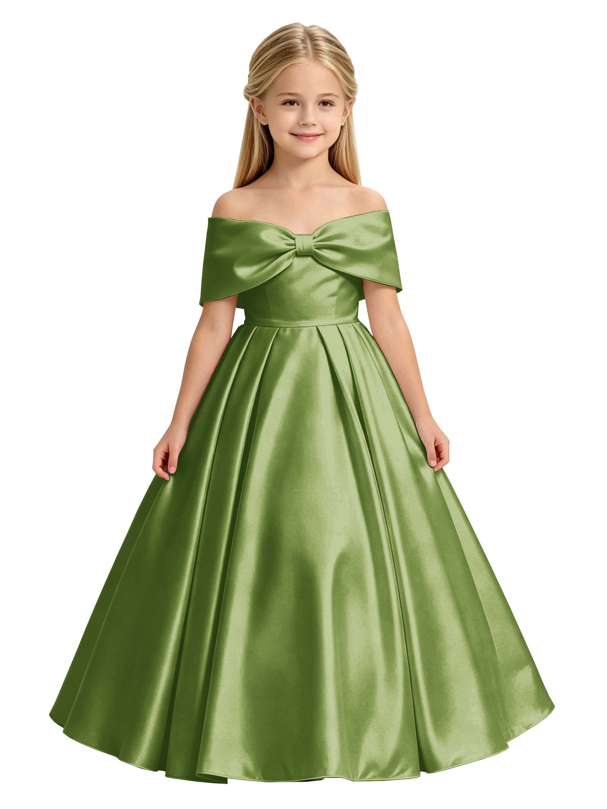 Off-the-Shoulder Satin Ball Gown Flower Girl Dress with Big Back Bow