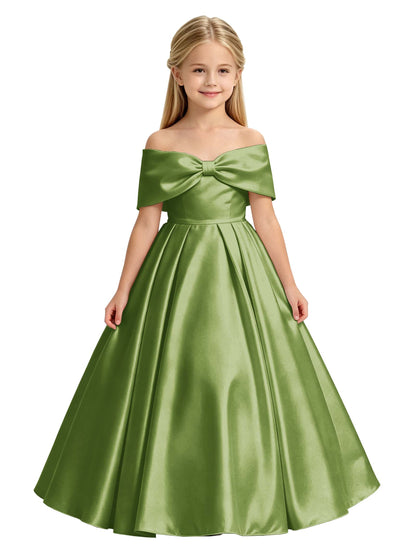 Off-the-Shoulder Satin Ball Gown Flower Girl Dress with Big Back Bow