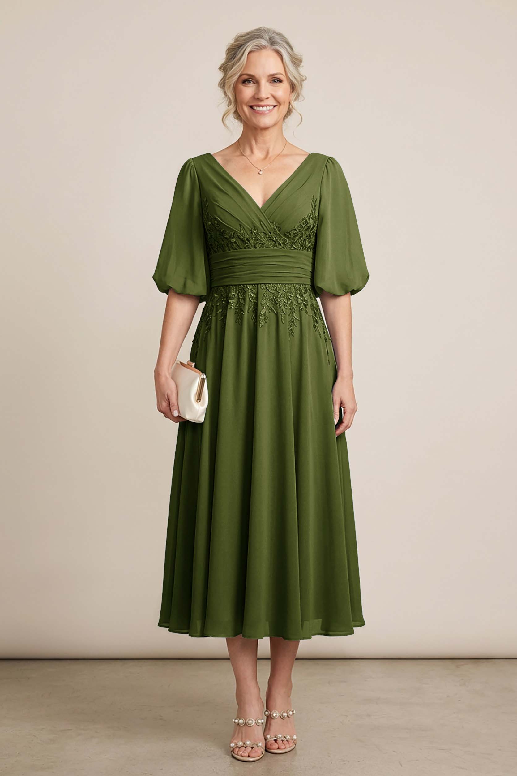 Dusty Blue V-Neck Lace Chiffon Tea-Length Mother Dresses