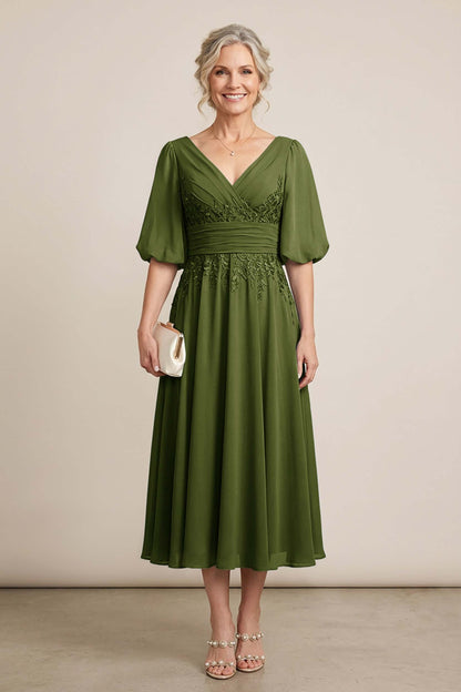 Dusty Blue V-Neck Lace Chiffon Tea-Length Mother Dresses