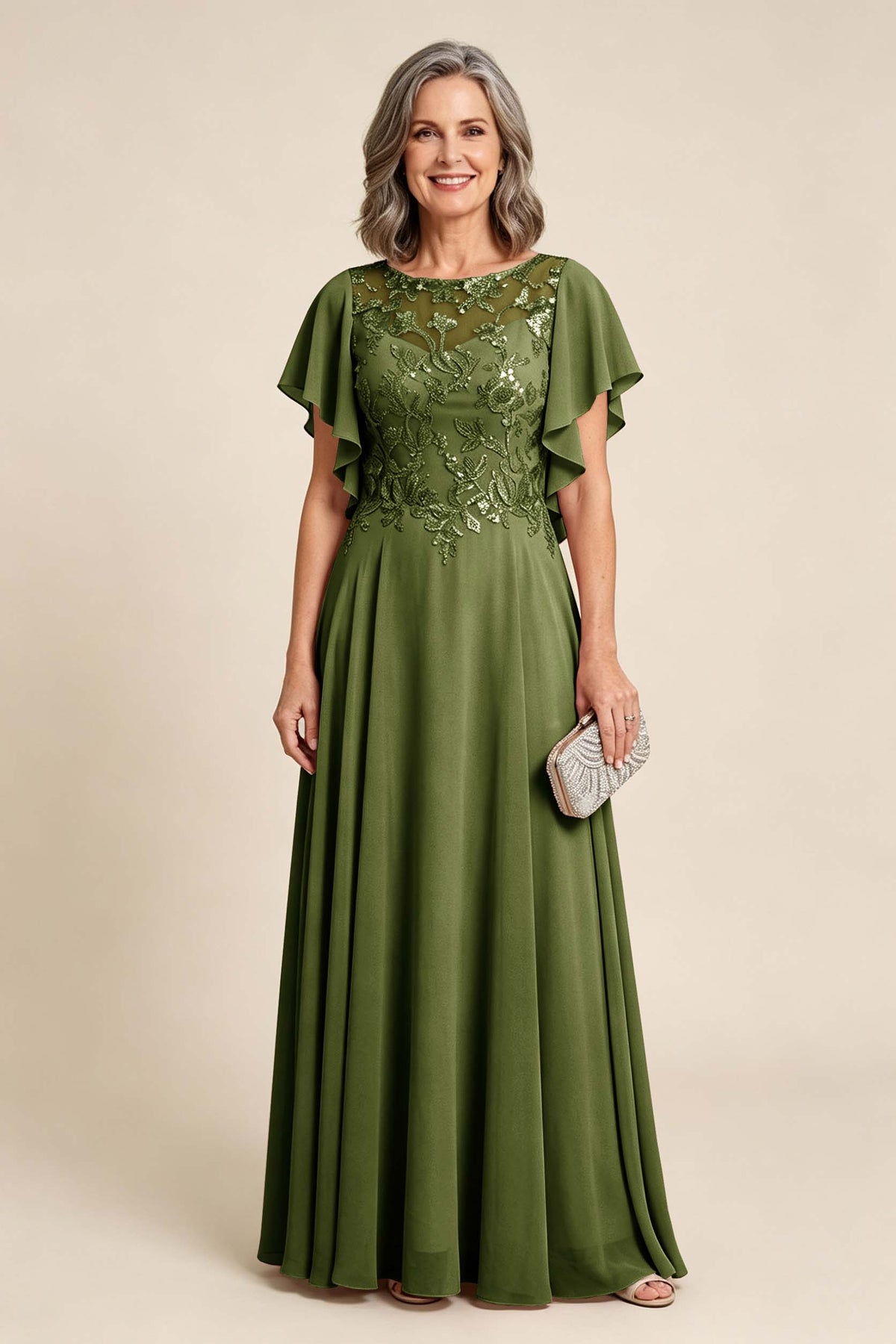 Lilac Scoop Neck Flutter Sleeve Lace Appliques Chiffon Mother Dresses