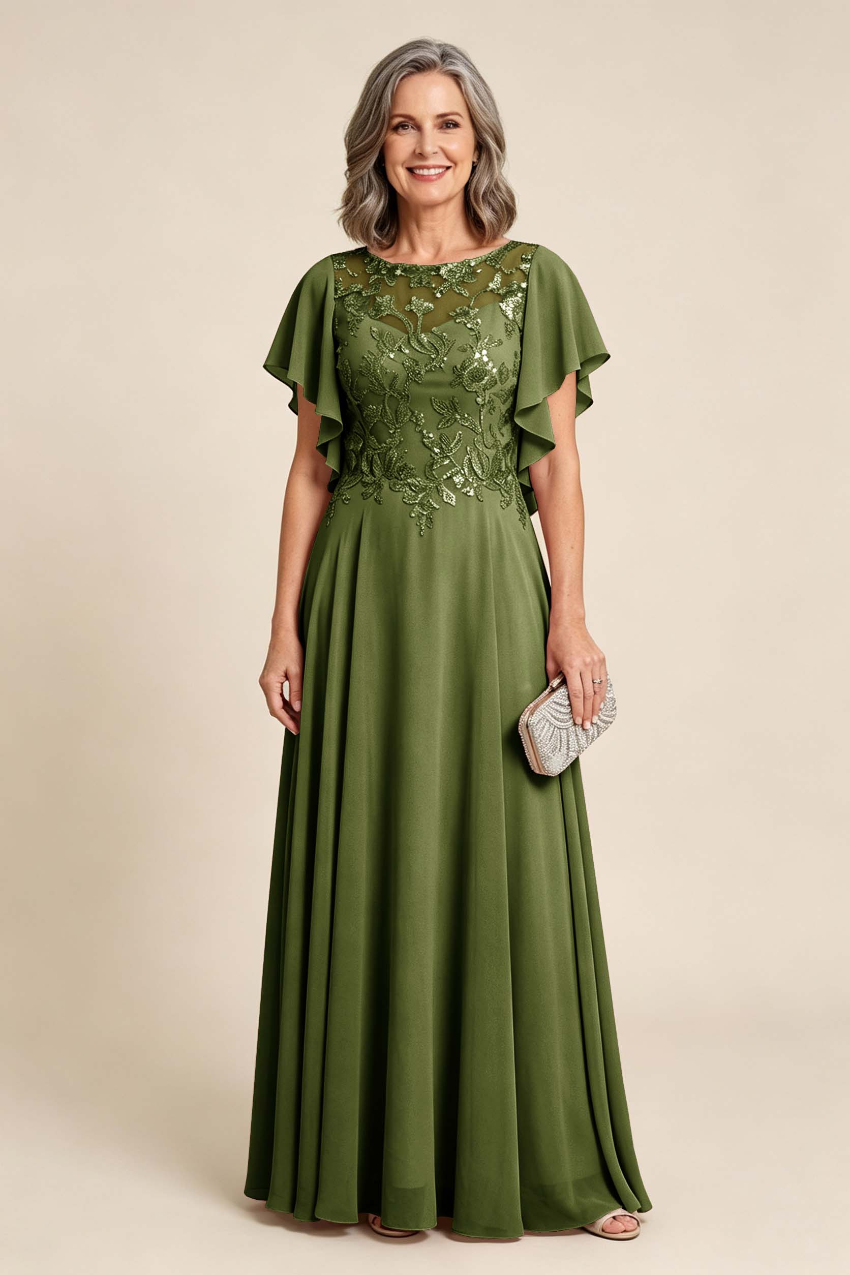 Lilac Scoop Neck Flutter Sleeve Lace Appliques Chiffon Mother Dresses