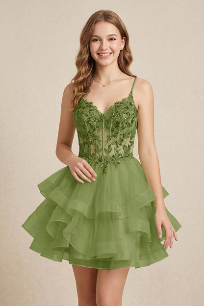 Mint Green Sequin Corset Tiered Tulle Mini Homecoming Dresses