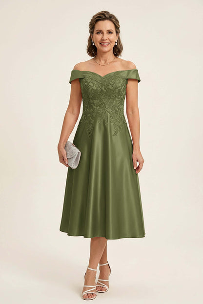 Peach Pink Off Shoulder Imitation Stretch Satin Tea-Length Mother Dresses