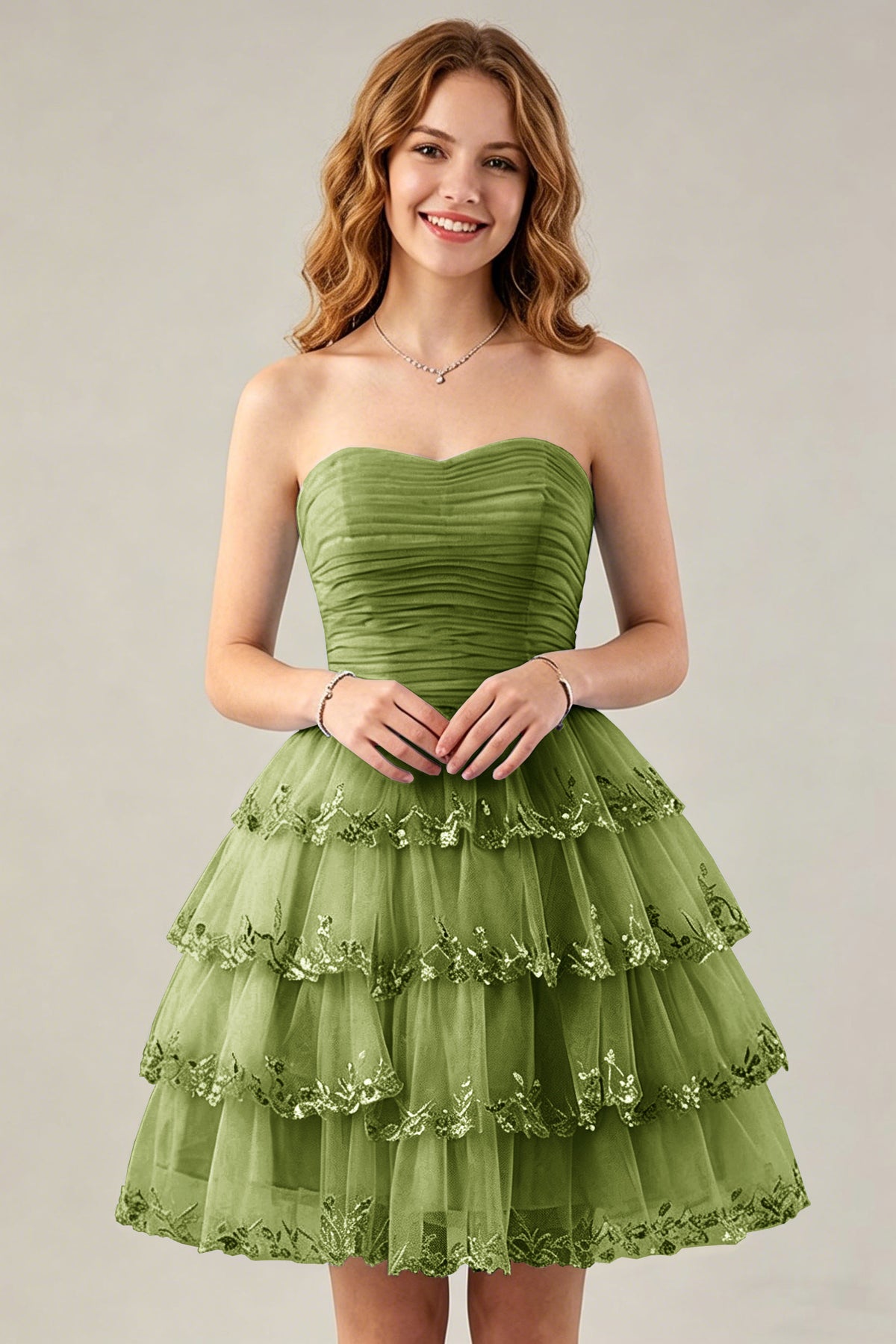 Strapless Light Blue Tulle Tiered Homecoming Dresses with Beaded Lace Trim