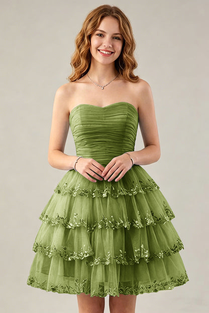 Strapless Light Blue Tulle Tiered Homecoming Dresses with Beaded Lace Trim